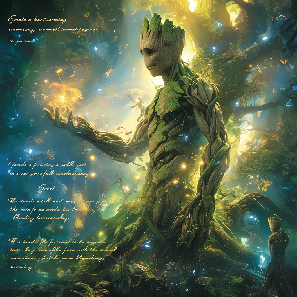 Gentle superhero Groot in enchanted forest, nurturing nature.