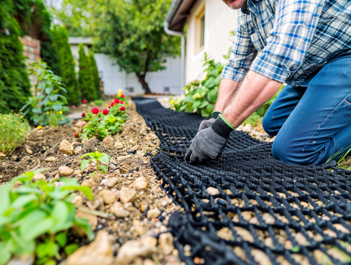 Geogrid installation on garden slope by man in backyard.