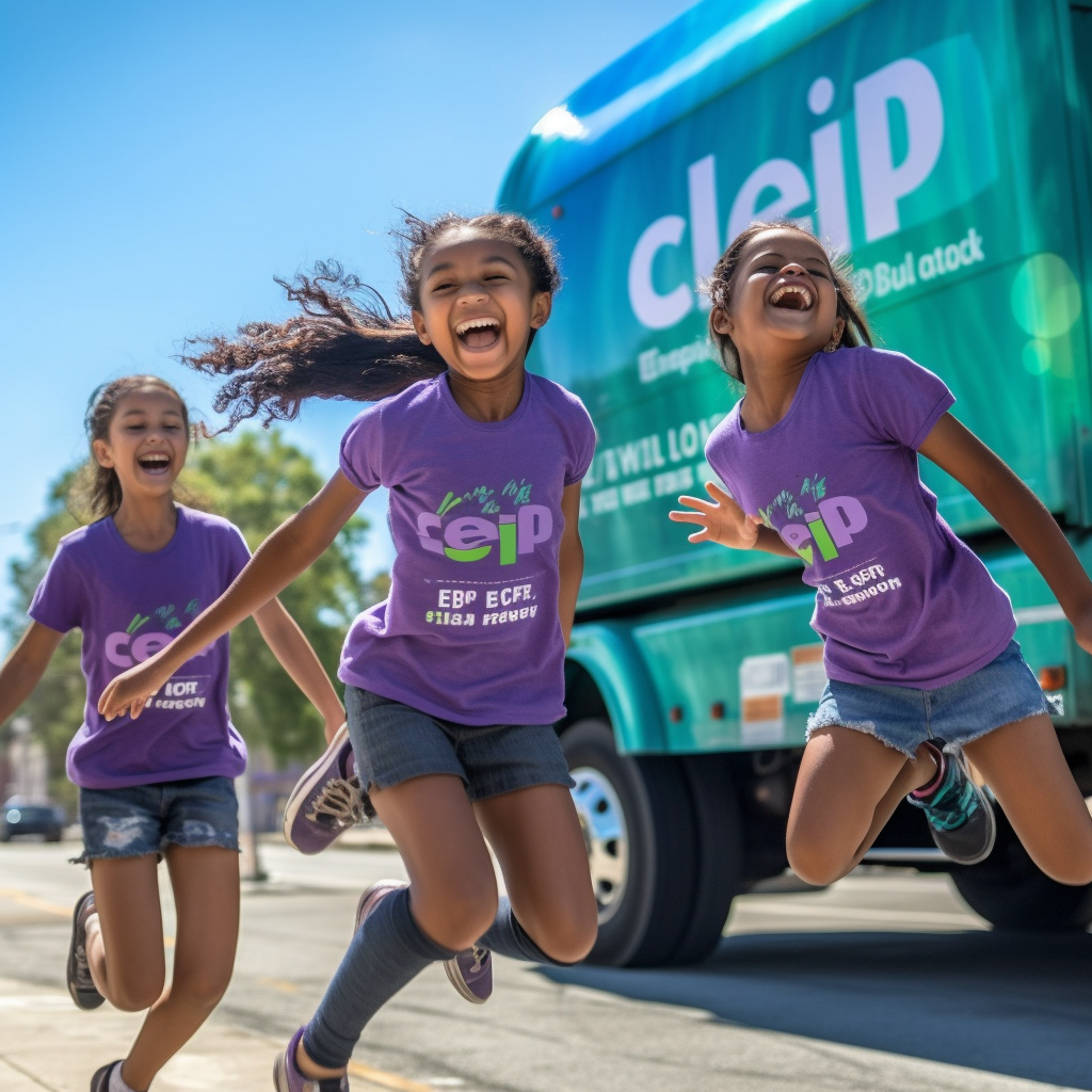 Girls happily skipping rope around sanitary truck in sunny city.