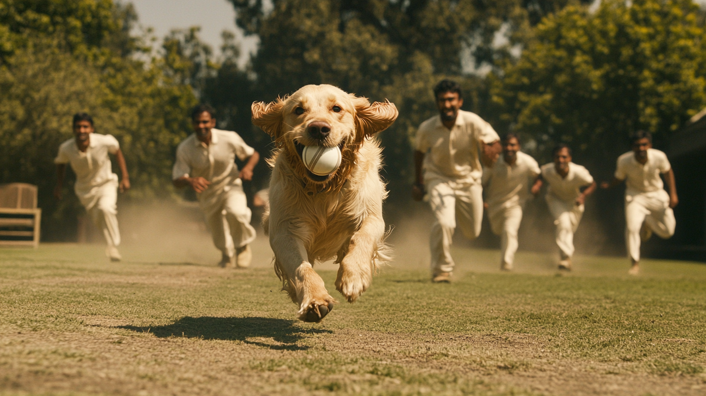 Golden retriever running with cricket ball, chased by players.