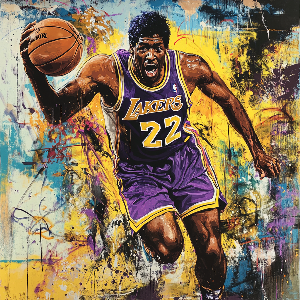 Graffiti mural of Magic Johnson, dynamic, colorful design.