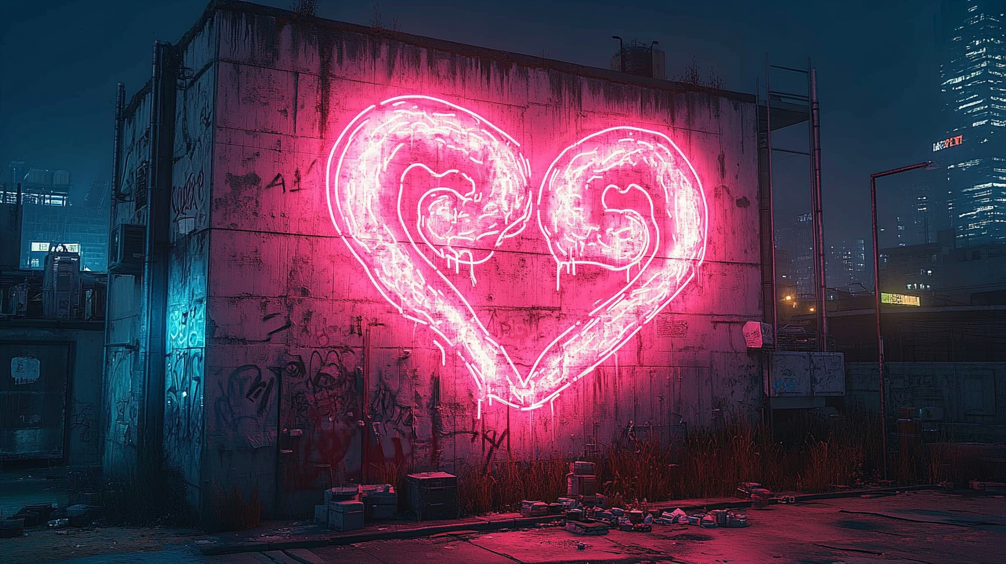 Graffiti of snakes forming heart, neon lights, concrete wall.