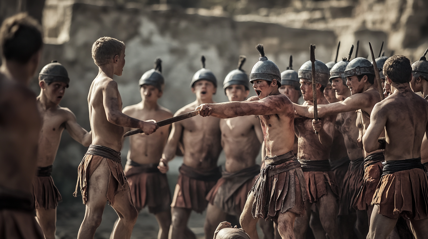 Greek youths training hard under watchful elders at sunrise.