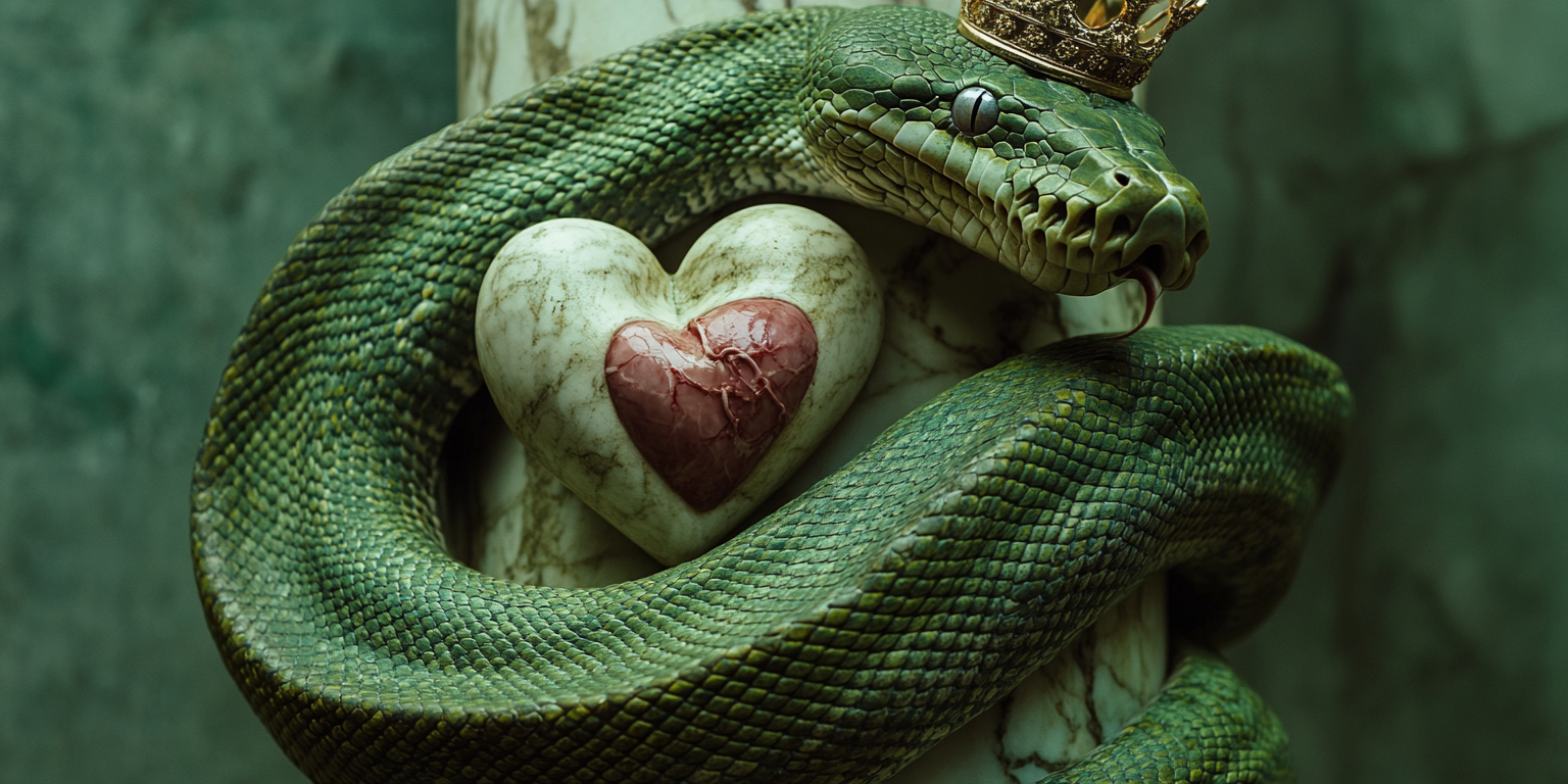 Green python with crown, wrapping around column with statue.