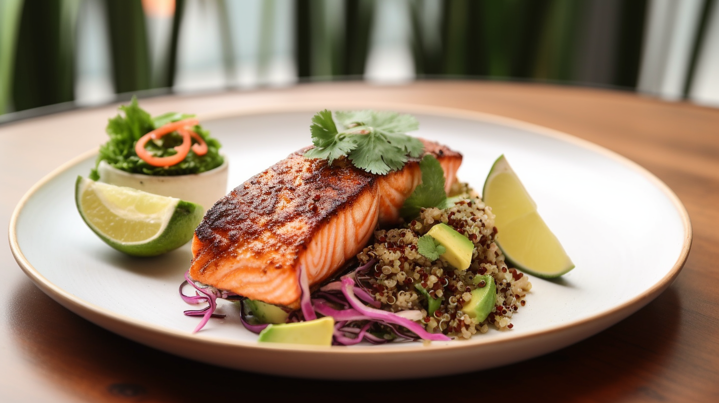 Grilled salmon fillet with quinoa salad and avocado.