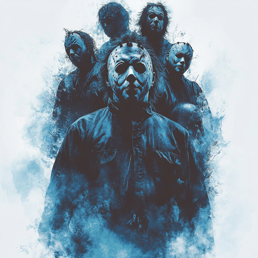 Group of Michael Myers in dynamic, eerie composition.