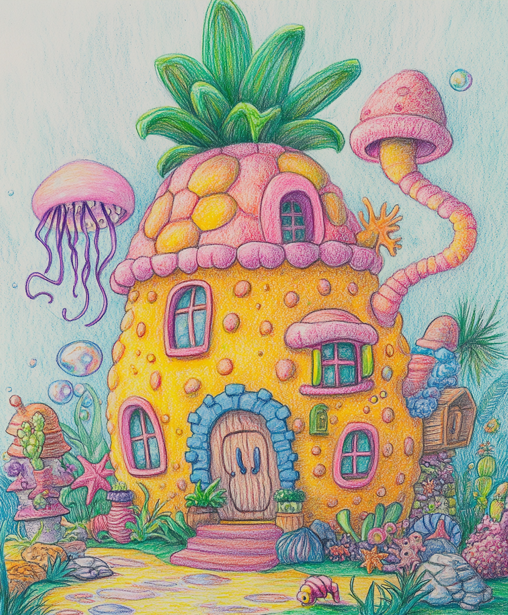 Hand-drawn Spongebob pineapple house with colorful characters.