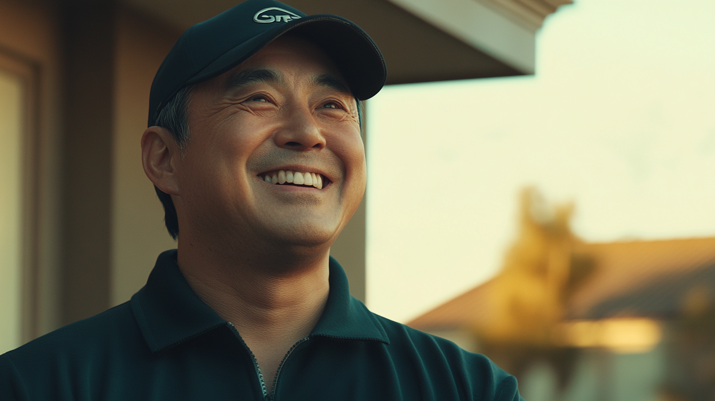 Happy South Korean man in golf attire smiling.