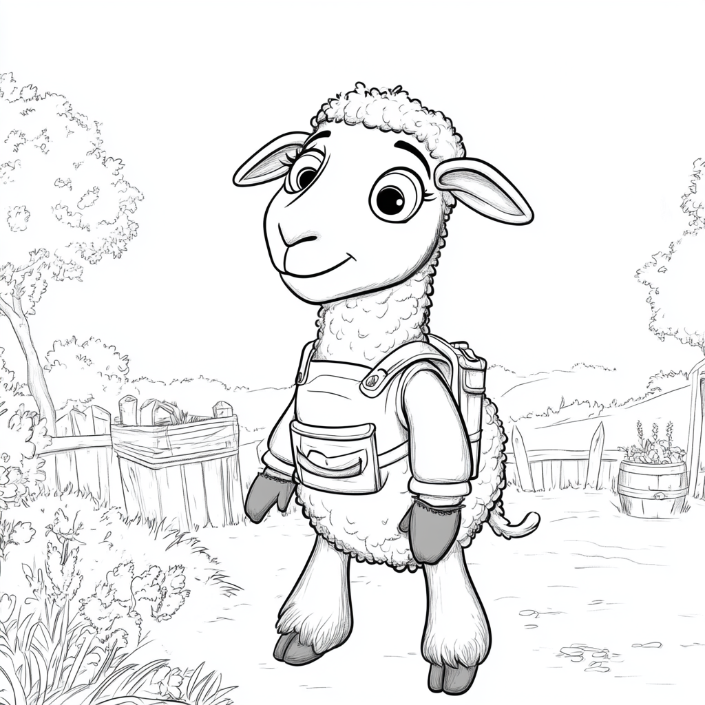 Happy sheep in garden outfit, black and white drawing.