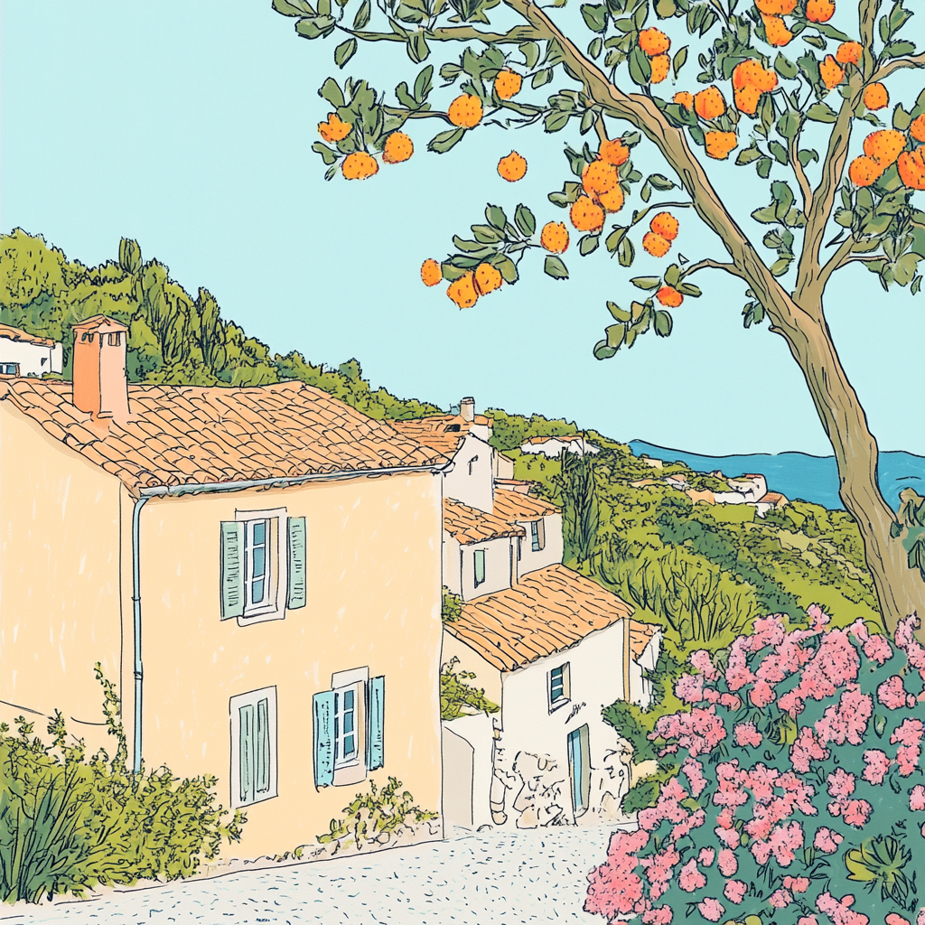 Harriet Lee-Merrion's minimalist risograph print of Provencal village.