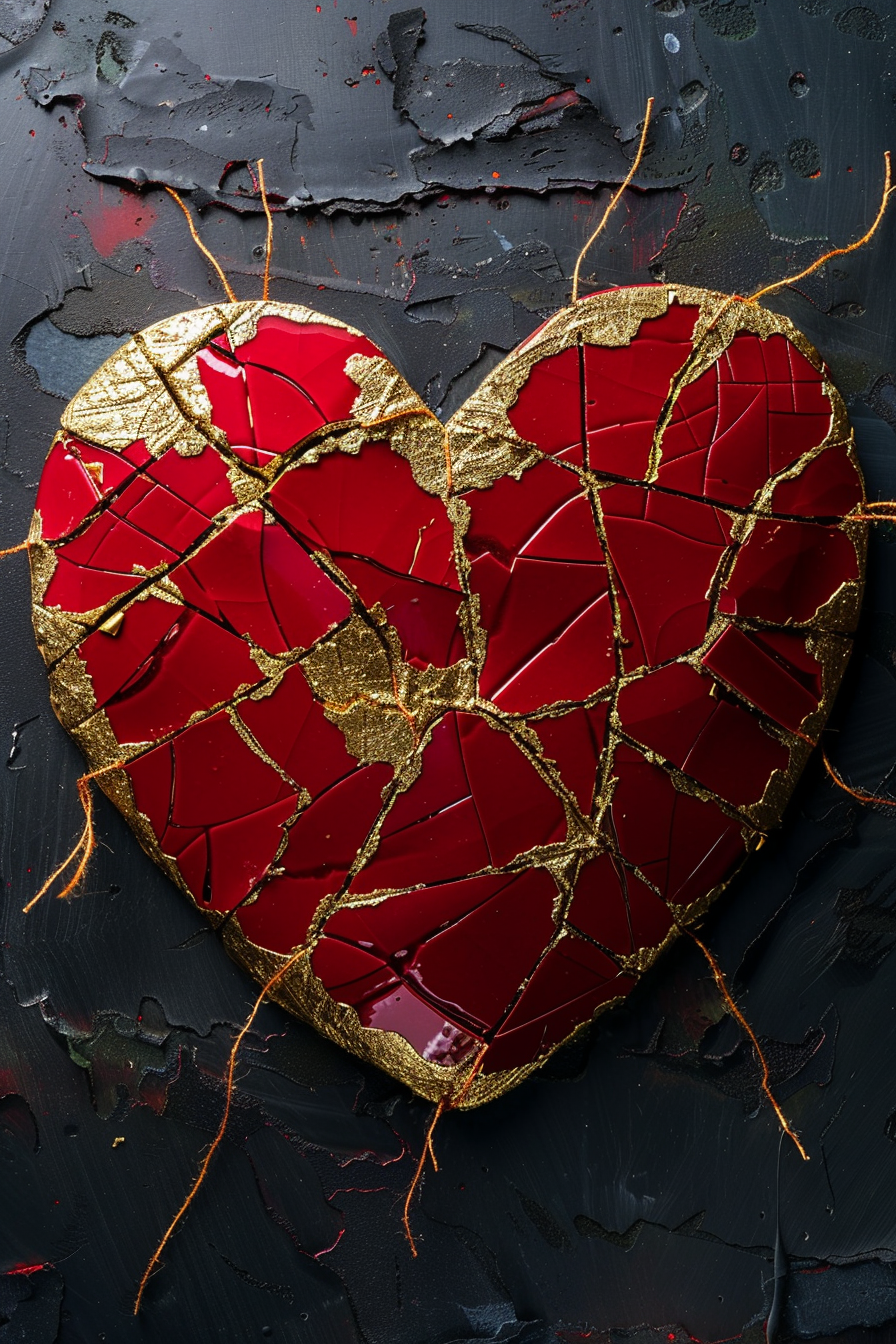 Heart mended with golden thread symbolizes beauty in brokenness.