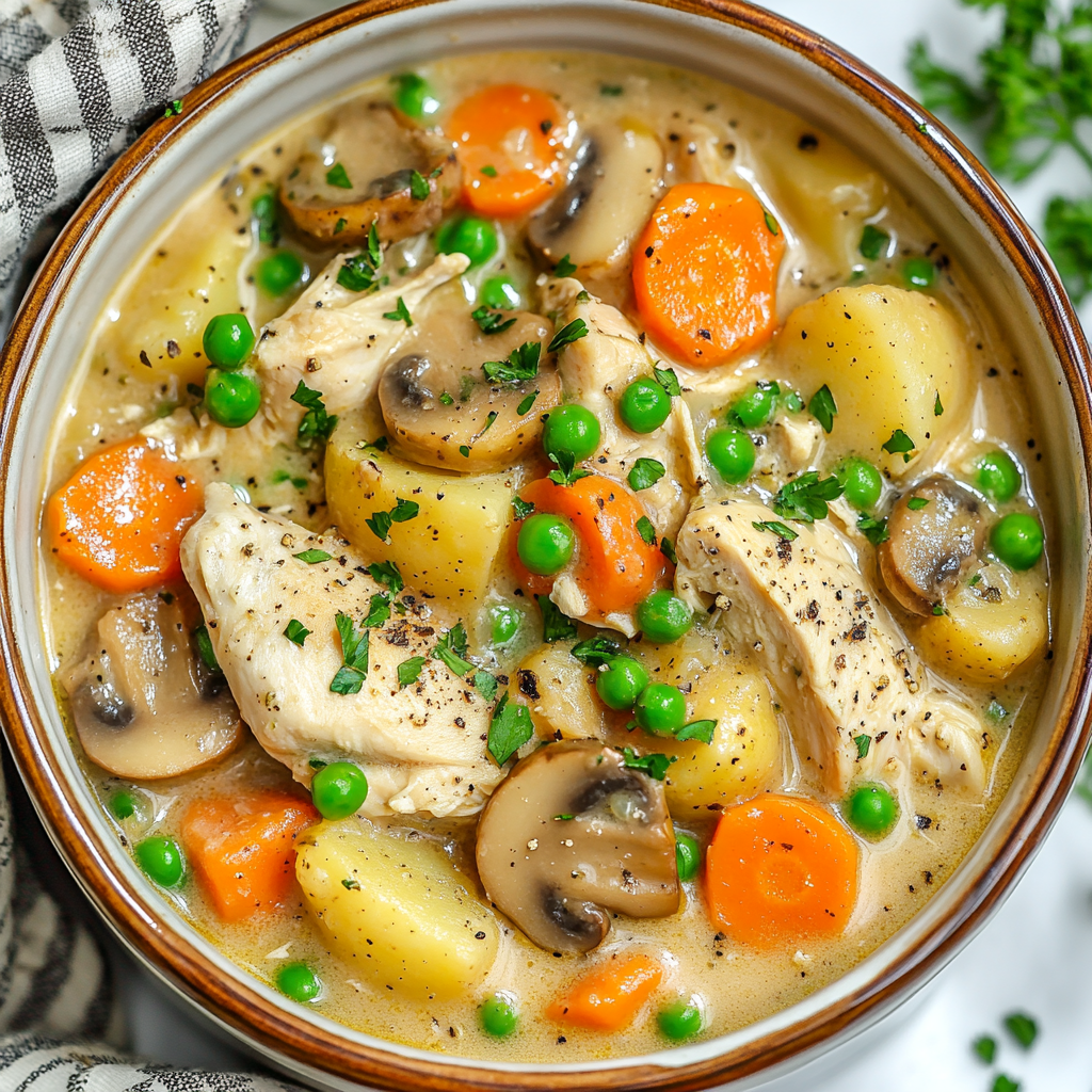 Hearty, creamy chicken stew with potatoes, carrots, peas, mushrooms.