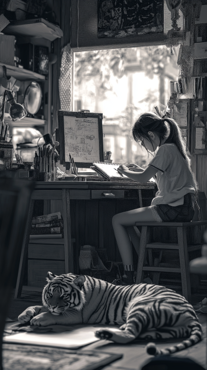 High resolution image of girl studying with tiger companion.