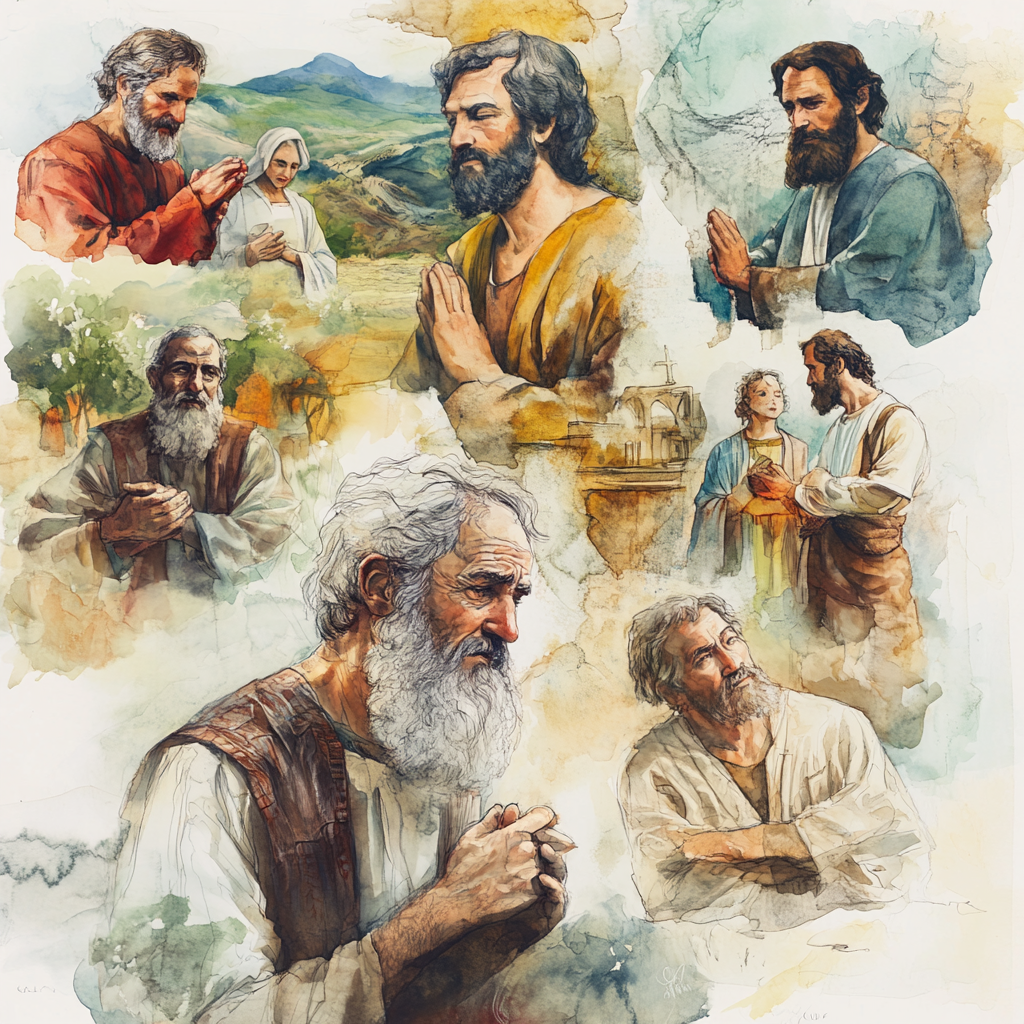 Historical figures Moses, Hannah, Elijah shown praying on timeline.