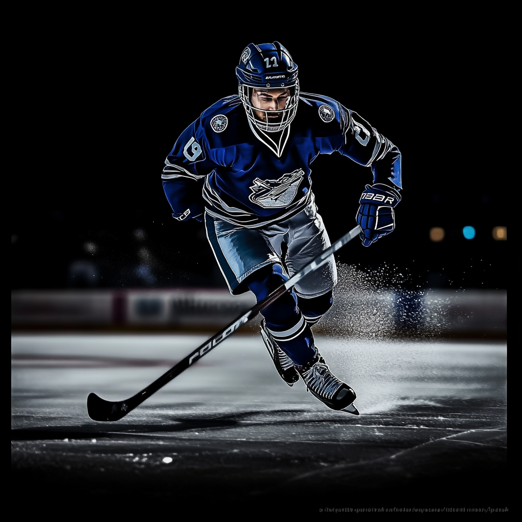 Hockey player taking powerful slap shot on ice rink