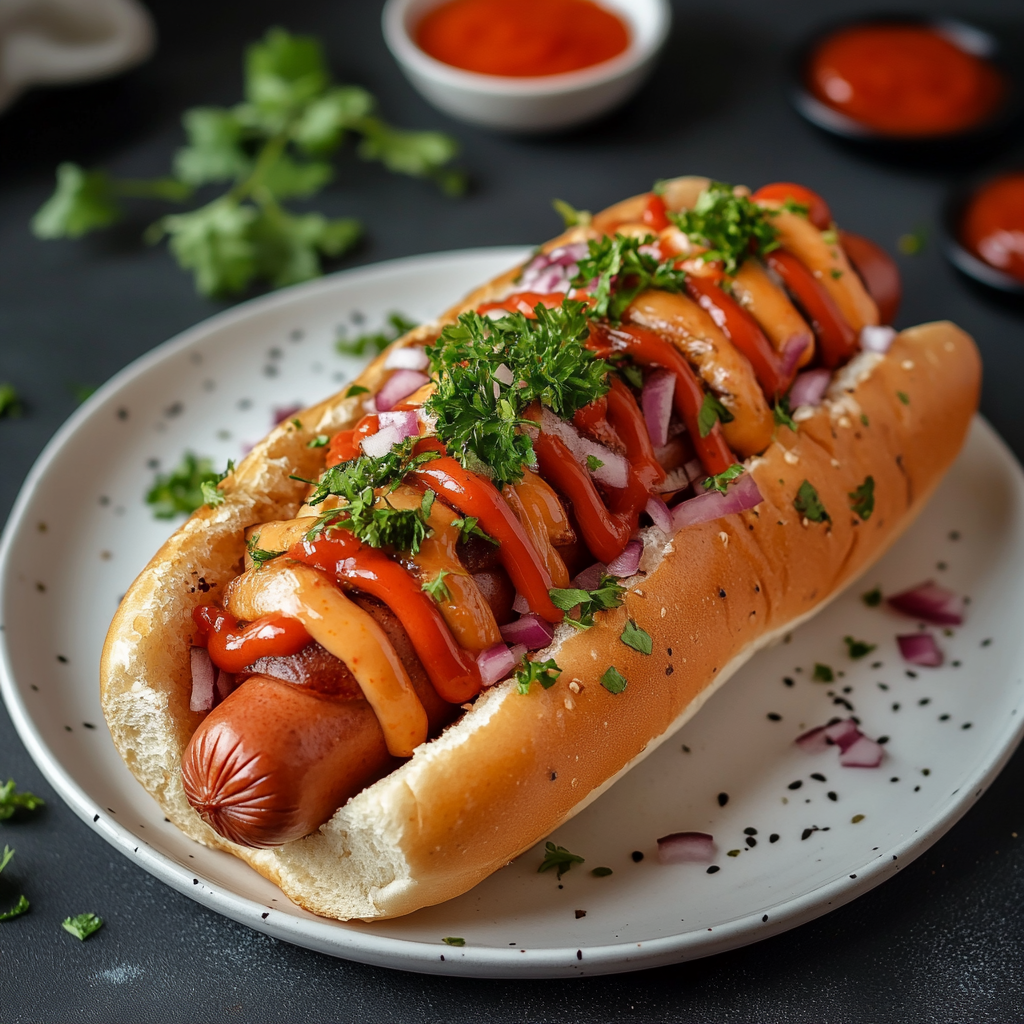 Hotdog on white plate with garnish, high resolution.