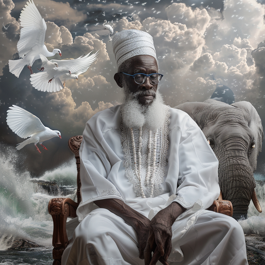 Hyperrealistic image of Orisha Obatala, old man in white.