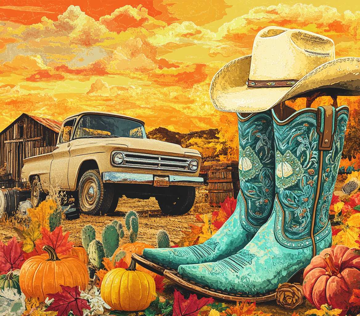 Illustration of Western theme with various iconic objects.