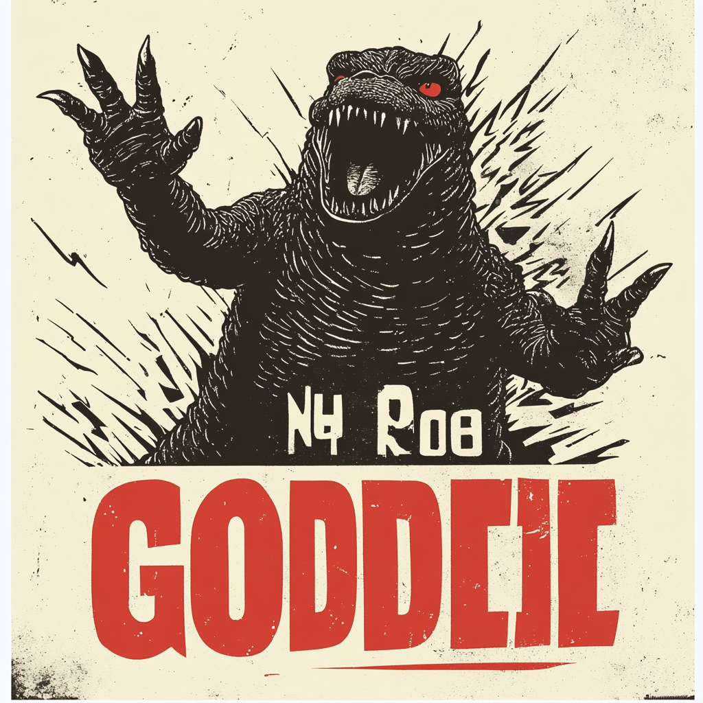 Image: Vintage-style 'Oh no, here comes Godzilla' movie poster.