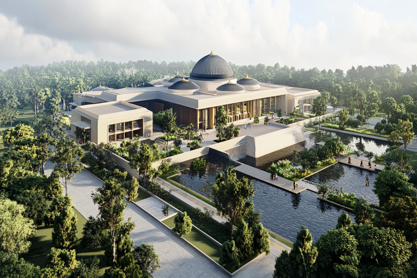 Indonesian concept Grand Mosque with organic pond view.