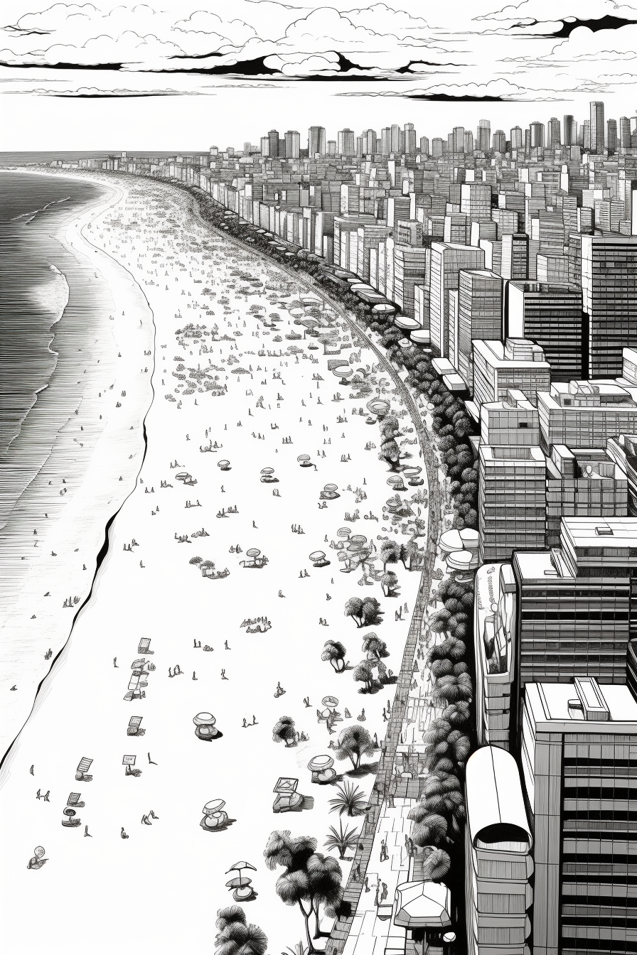 Ink drawing of Copacabana beach in Rio. Architecture.