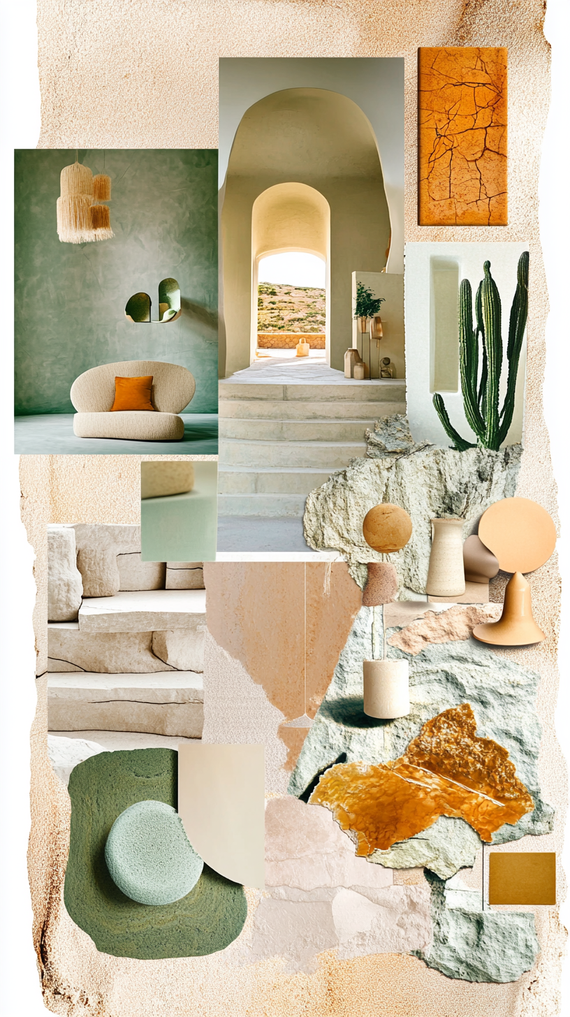 Interiors and decor moodboard with warm tones, boho style.