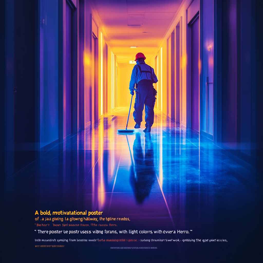 Janitor pushing mop in glowing hallway, 'Hero' tagline.