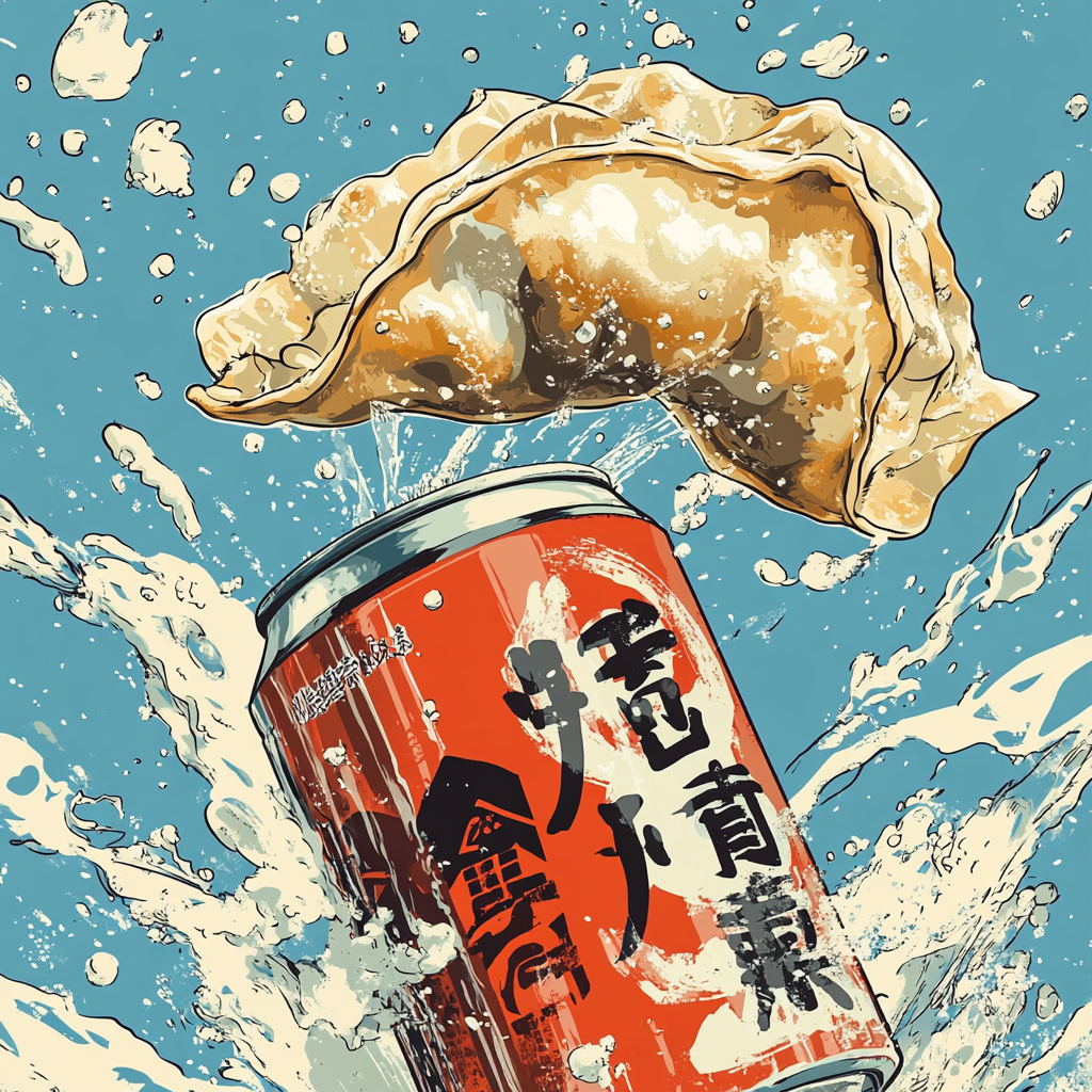 Japanese beer and gyoza soar against graffiti background.