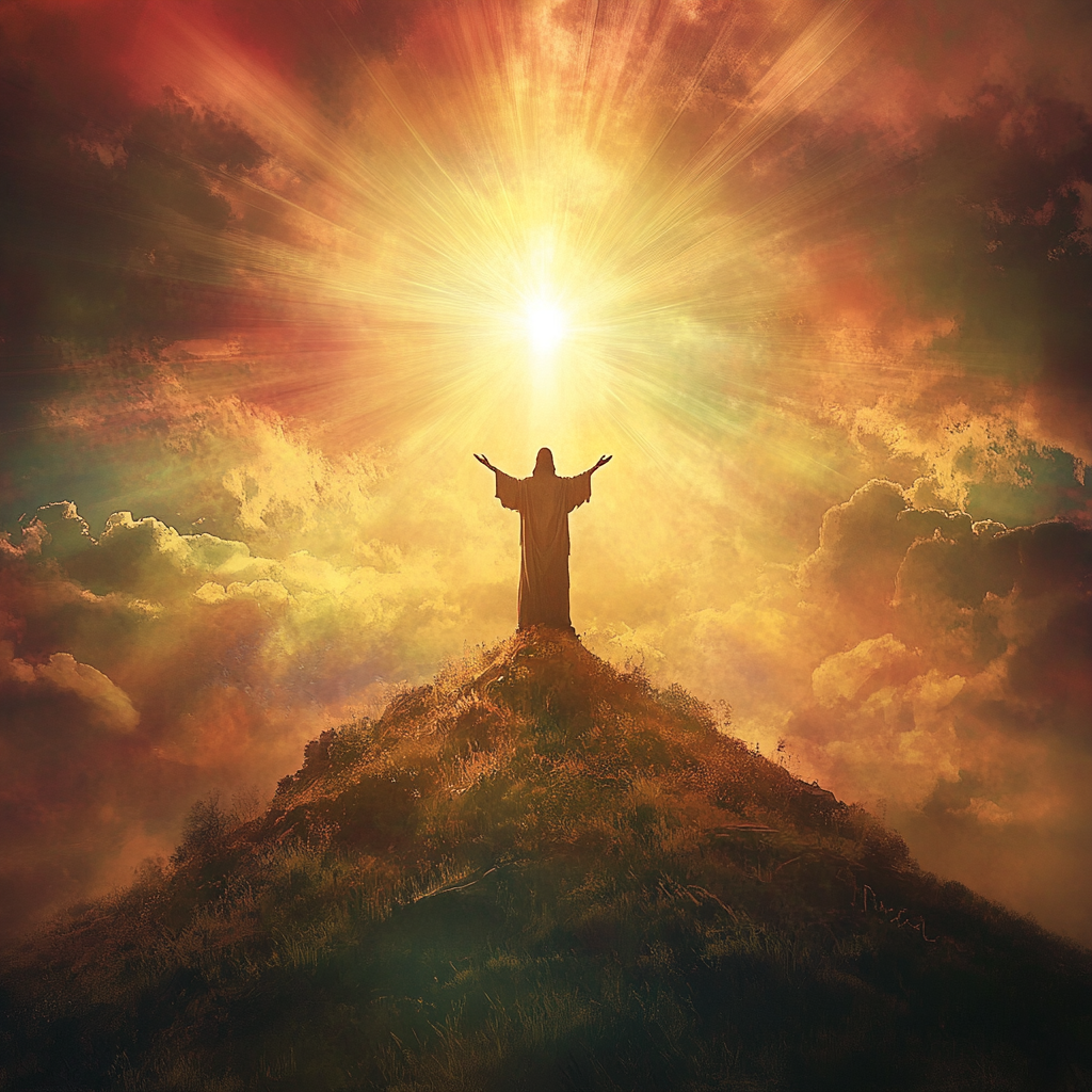 Jesus reaching towards heavenly light on serene hilltop.