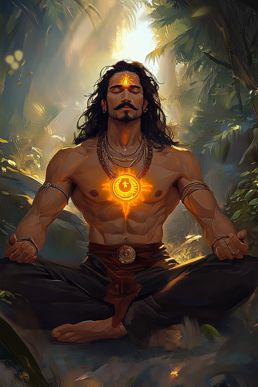 Karna meditating in jungle with sun symbol on chest.