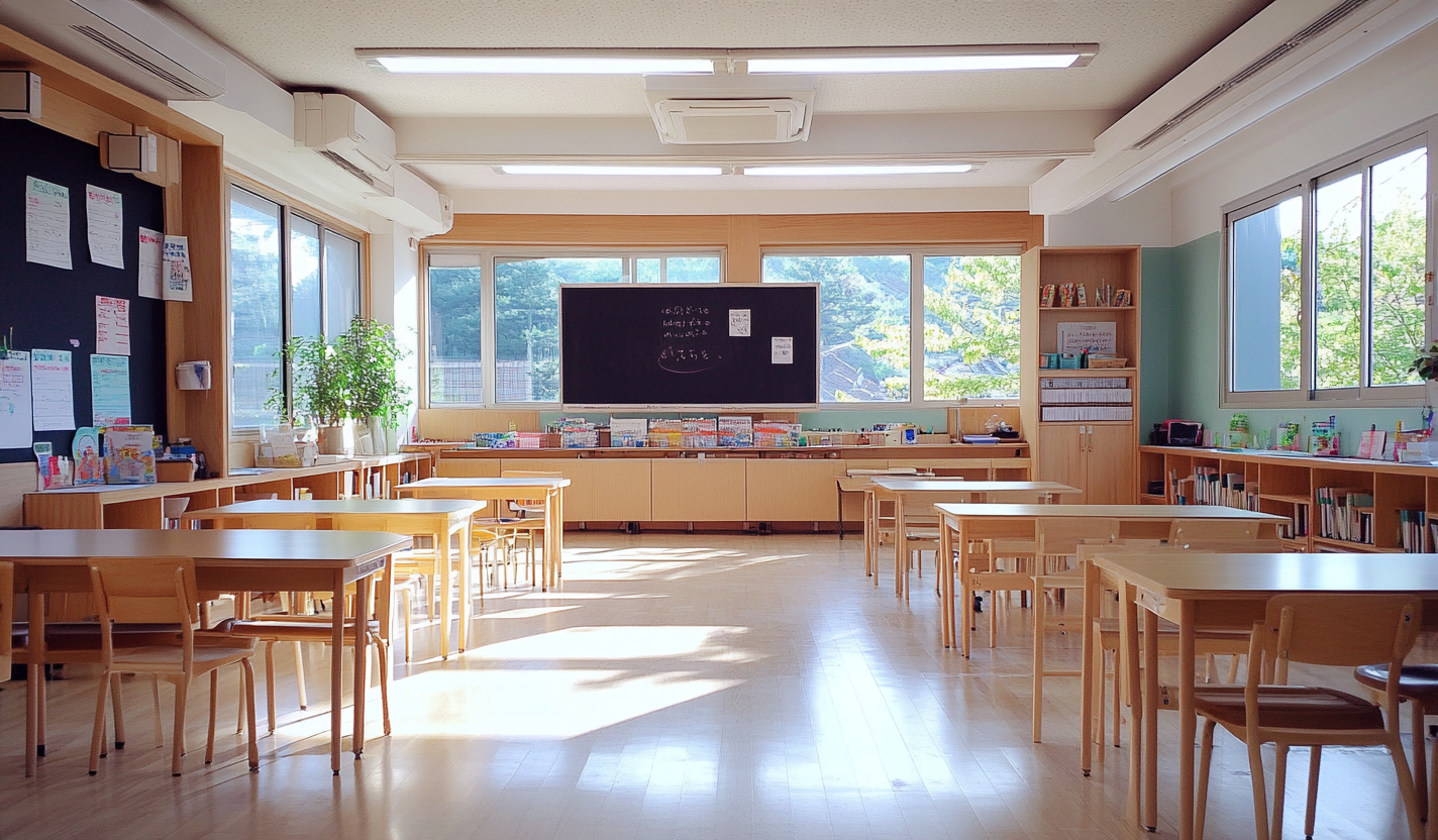 Korean classroom with clean desks and polished floor.