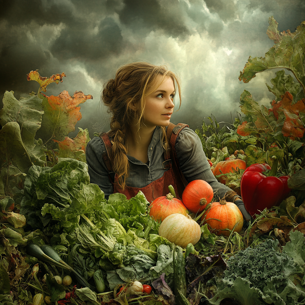 Lady picking ripe vegetables in garden on cloudy day.