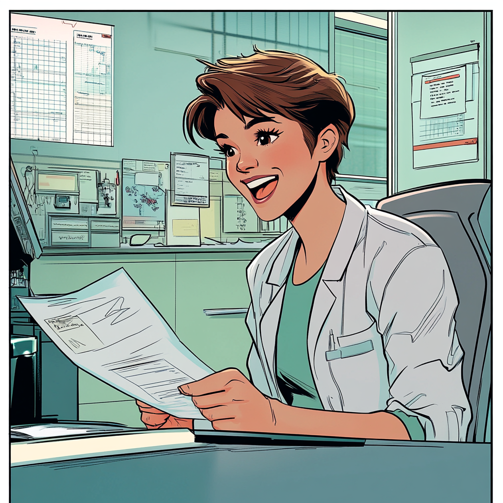 Laughing female doctor in office reading surprising lab results.