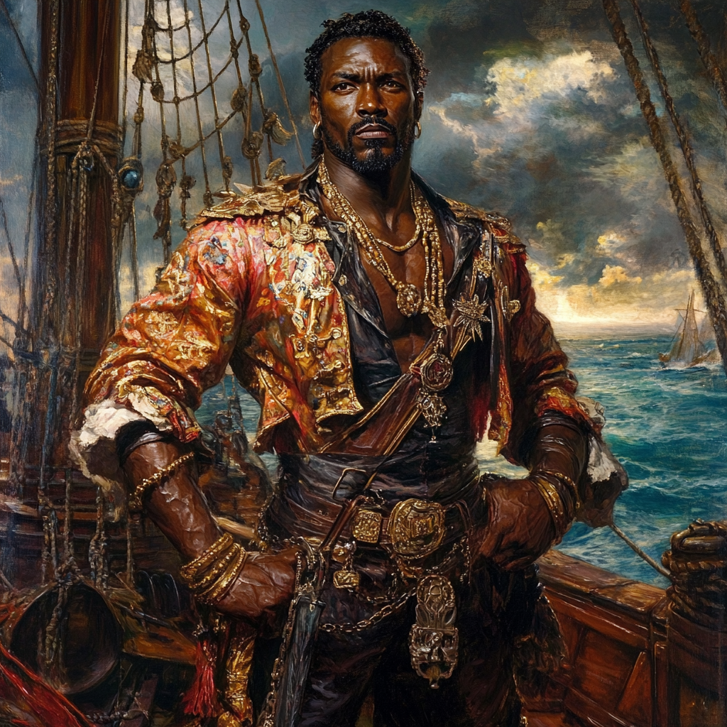 Legendary pirate Black Caesar standing on pirate ship, wielding weapons.