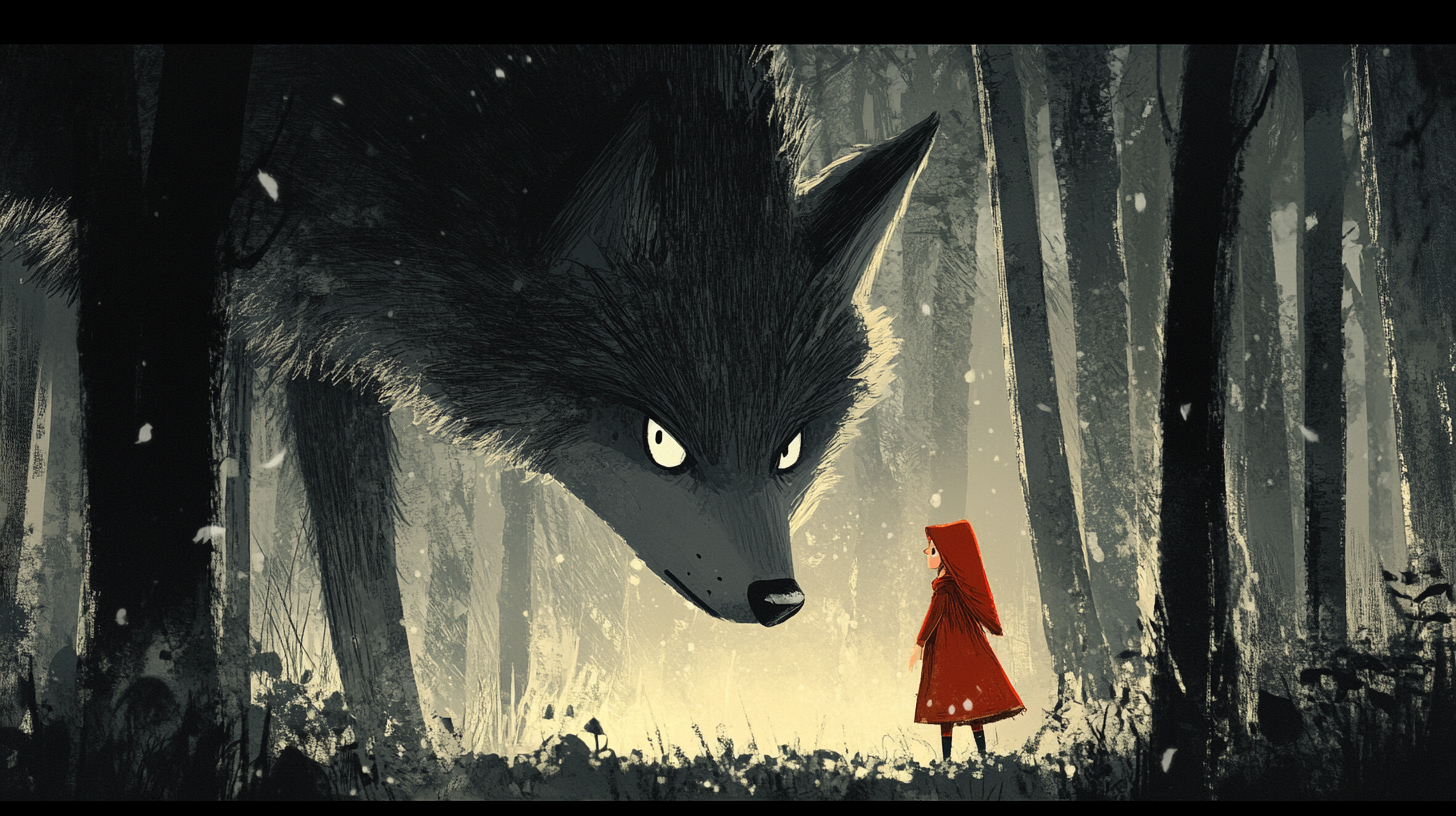 Little Red Riding Hood meets wolf in tense forest.