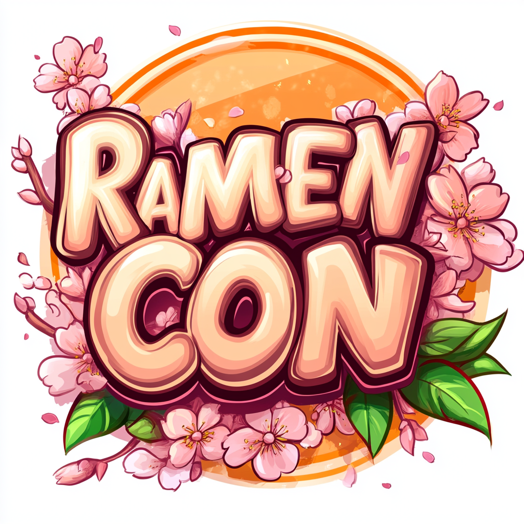 Logo for RAMEN CON with cherry blossom circle. Orange and cherry coloring.