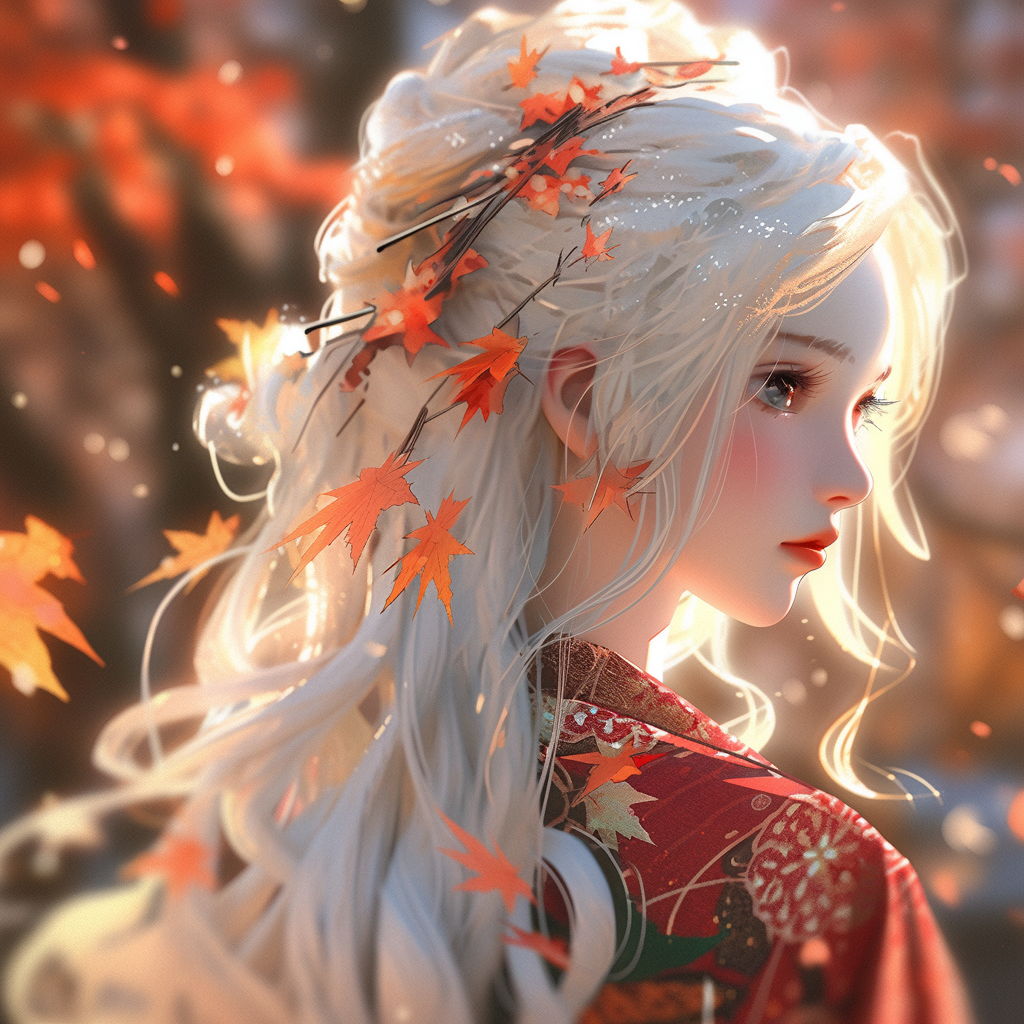 Long white hair girl in traditional Japanese kimono.