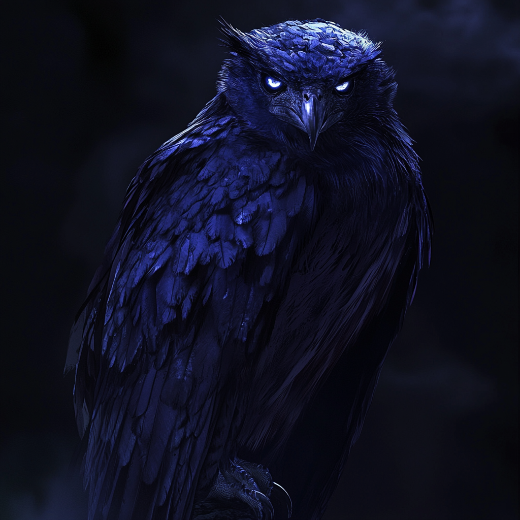 Majestic giant bird creature, black feathers, glowing silver eyes.