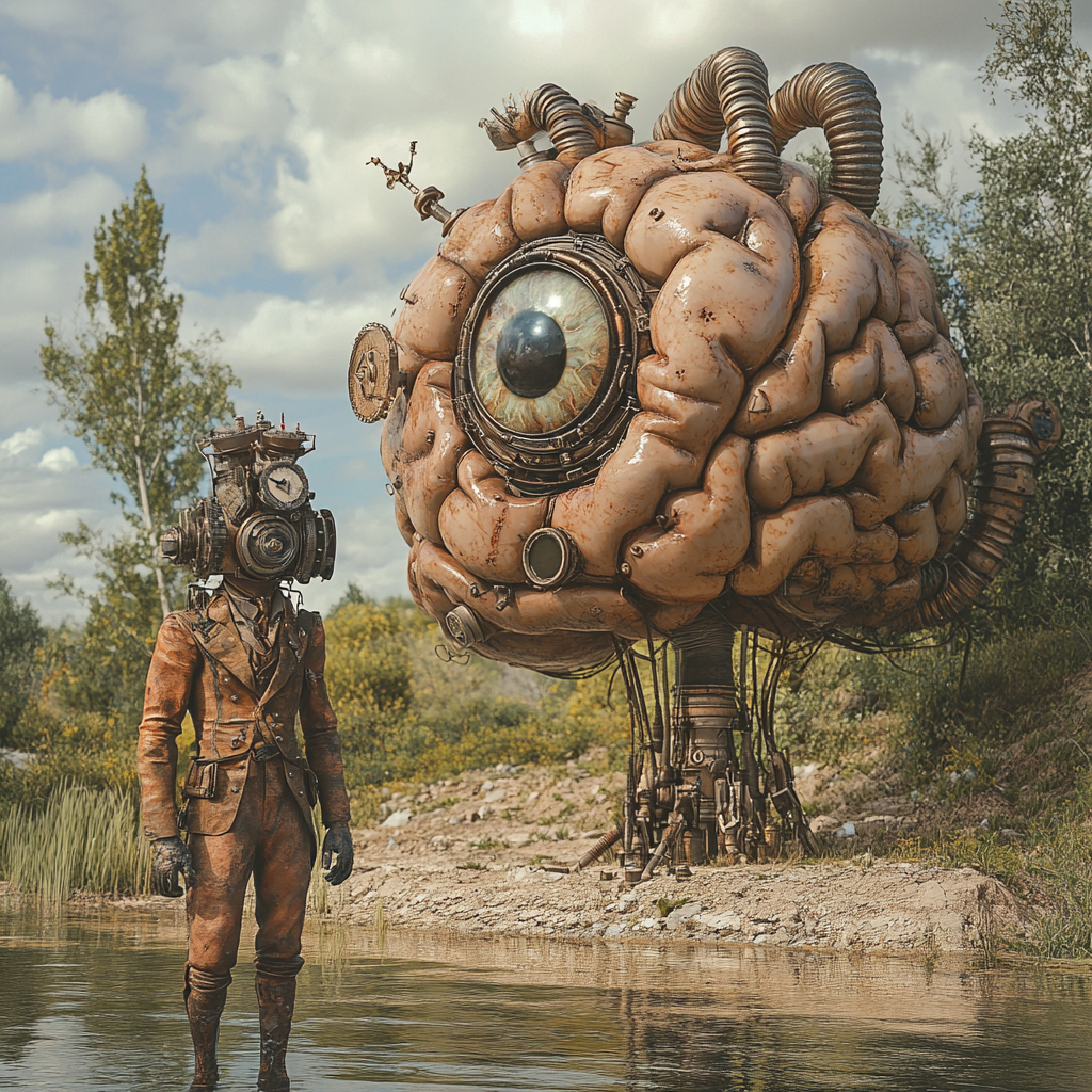 Man in steampunk gear with mechanical eye, brain sculpture.