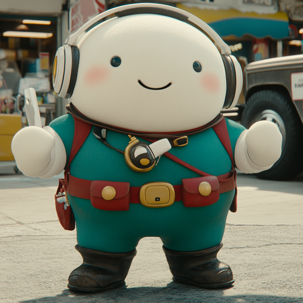 Marshmellow man with headphones working at gas station.