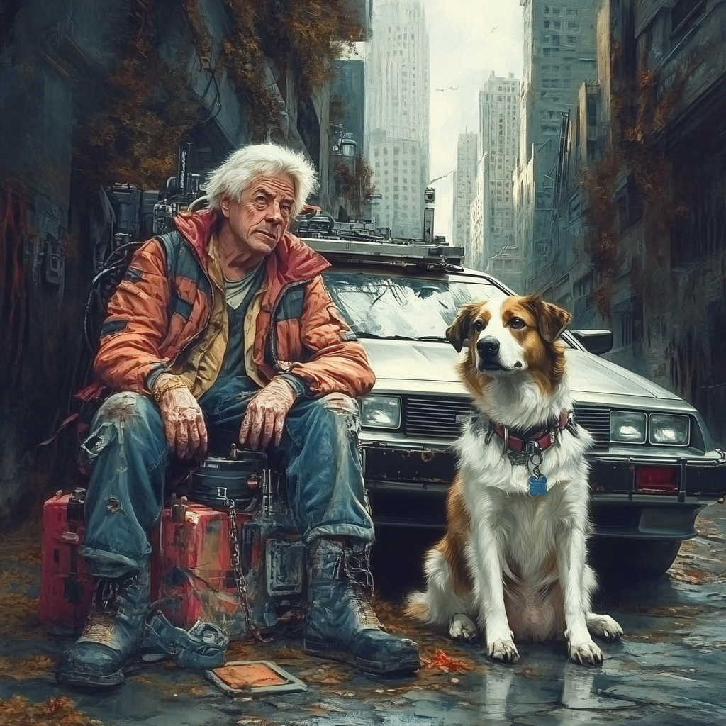 Marty McFly and Doc Brown with Griffon dog. Delorean flying, city walls covered in plants. Realistic.