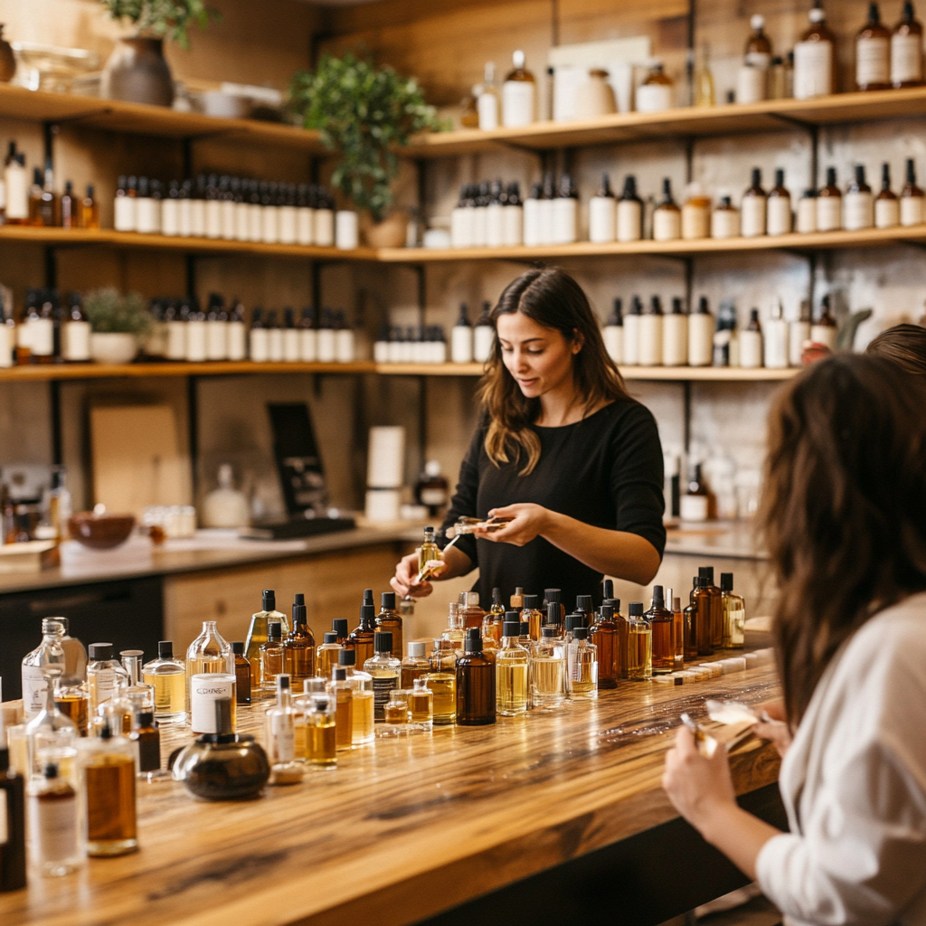 Master perfumer teaches students blending fragrances with oils.