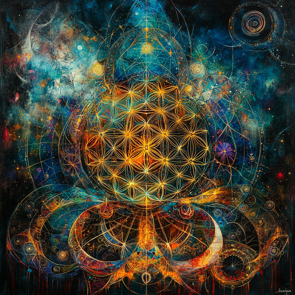 Mathematics and sacred geometry combine in vibrant, intricate design.