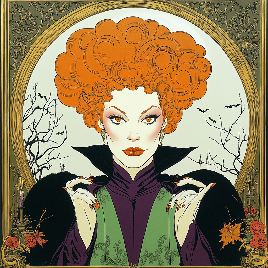 Mature witch with orange wig in elaborate Victorian frame.