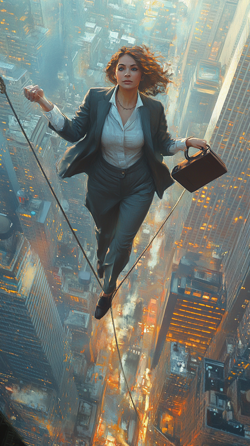 Maya in work suit walks tightrope between skyscrapers.