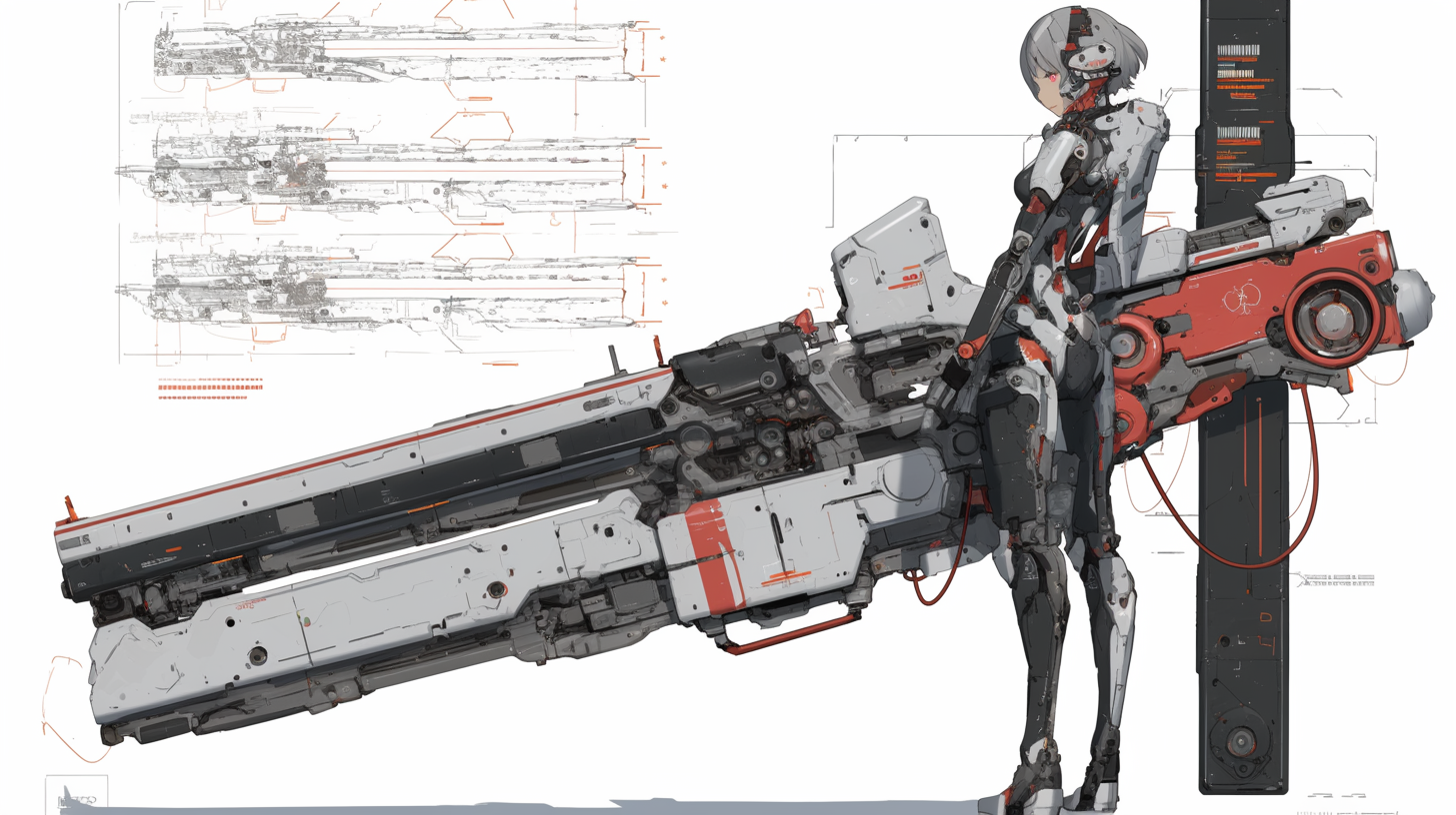 Mecha musume with railgun, intricate design, futuristic atmosphere.