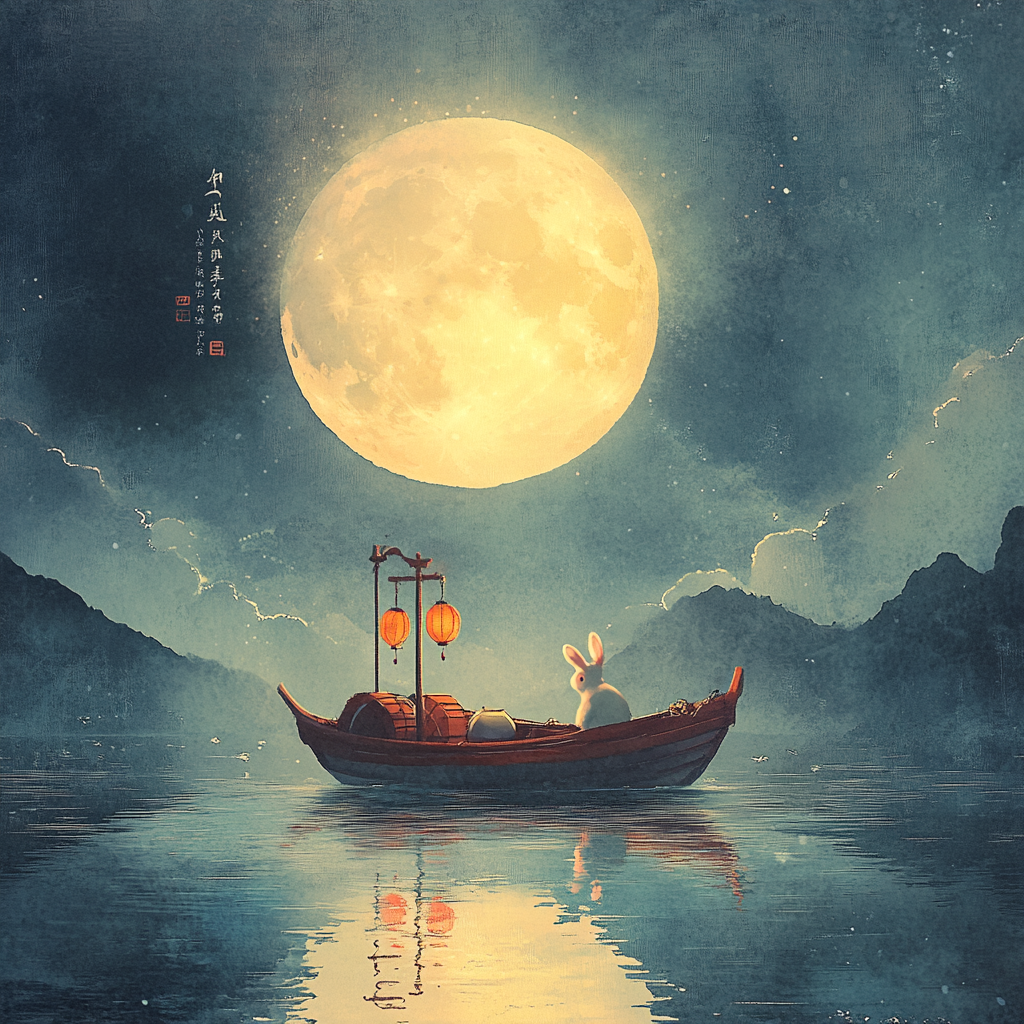 Mid-autumn festival poster with yellow moon, cute rabbit.