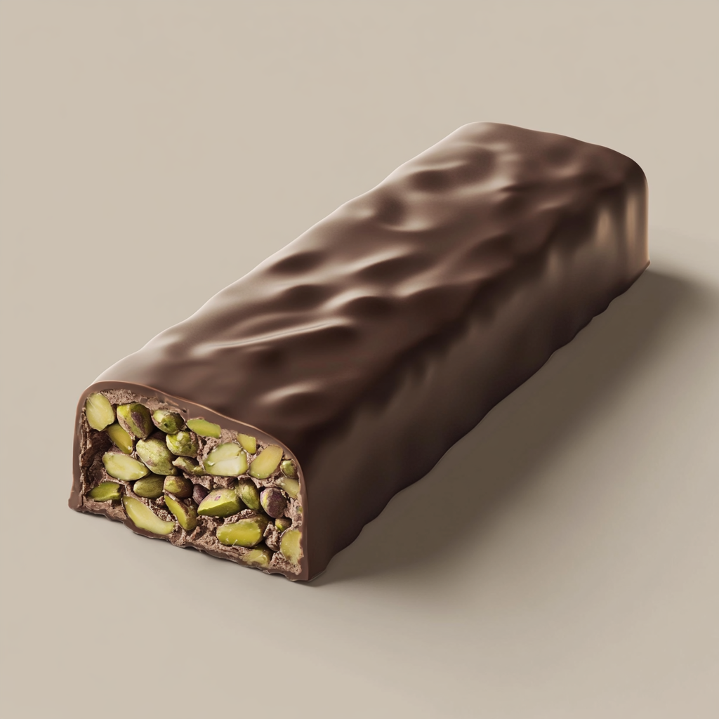 Minimalistic MYDAYS chocolate label with hyper-realistic Kunafa Pistachio flavor.