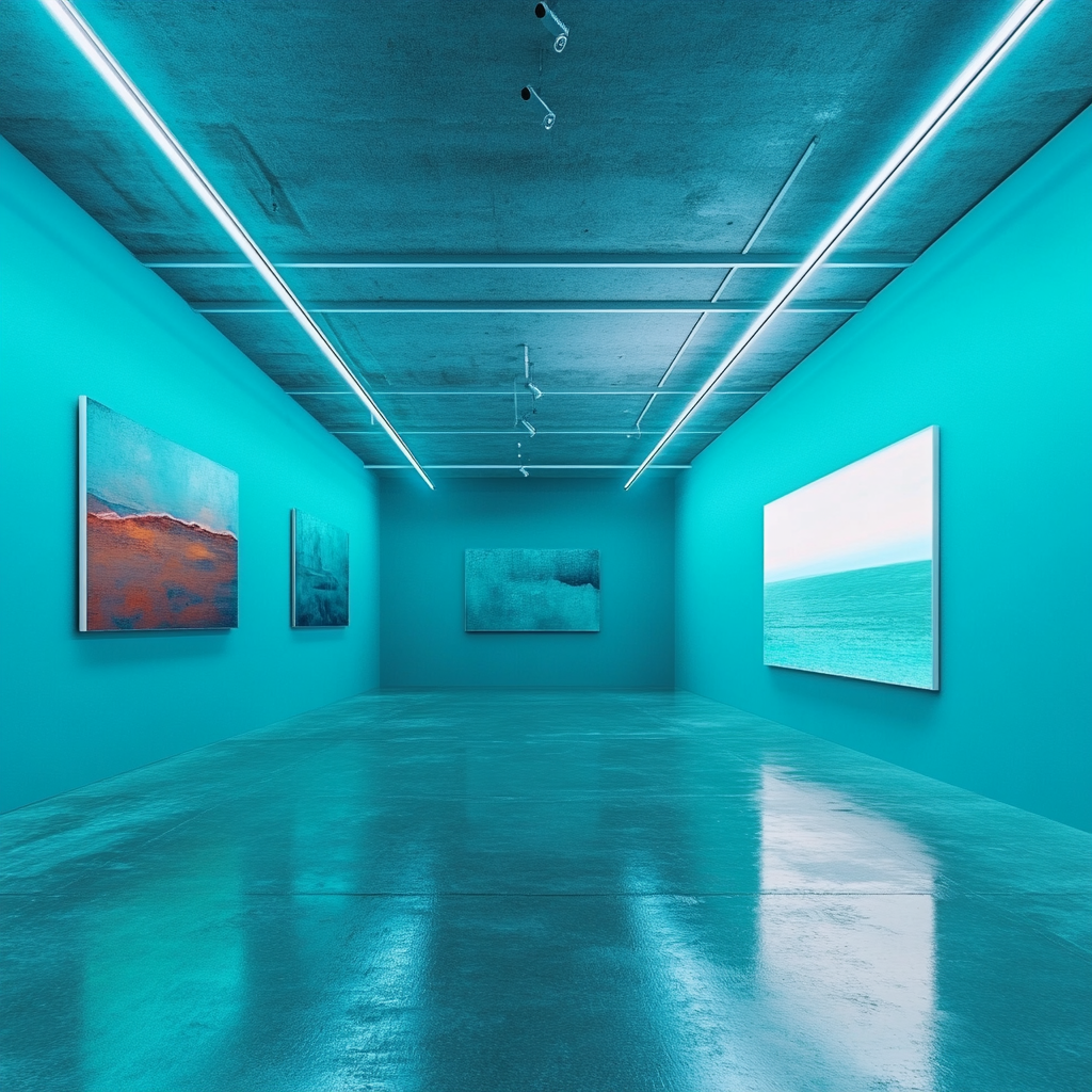 Minimalistic turquoise room with LED lights and abstract painting.