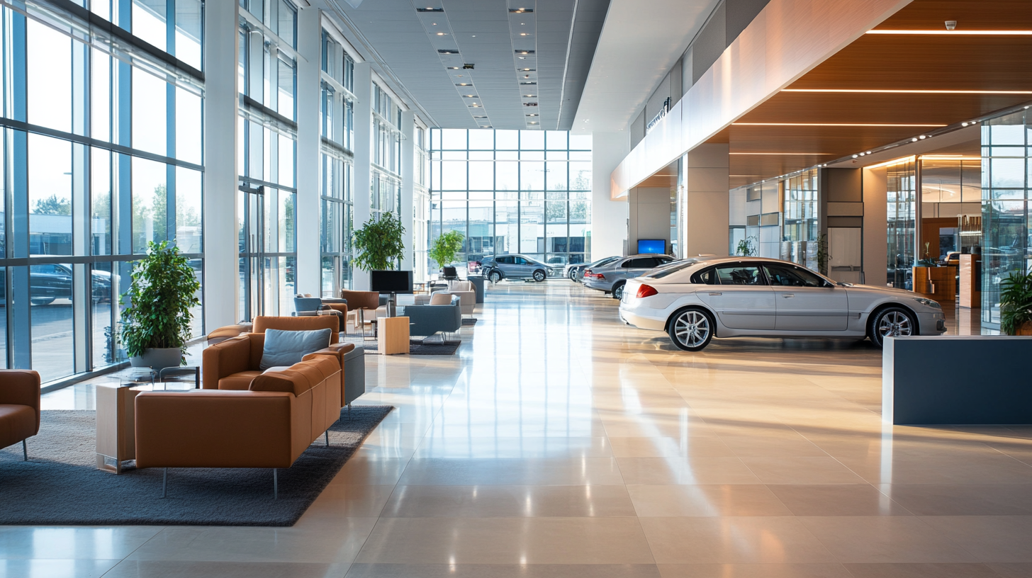 Modern, functional car dealership interior with clean lines, open areas.